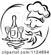 Clipart Of A Black And White Chef Holding A Tray With Wine Royalty Free Vector Illustration