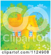 Cartoon Of A Log Cabin With Summer Leaves Royalty Free Clipart