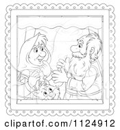 Cartoon Of An Outlined Old Couple Talking By Their Cat In A Window Royalty Free Clipart by Alex Bannykh