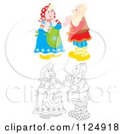 Cartoon Of Colored And Outlined Old Couples Talking Royalty Free Clipart