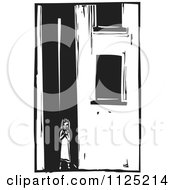 Clipart Of A Girl In An Alley Black And White Woodcut Royalty Free Vector Illustration by xunantunich