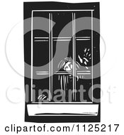 Clipart Of A Zombie Woman In A Window Black And White Woodcut Royalty Free Vector Illustration