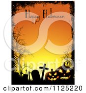 Clipart Of A Grungy Orange Cemetery And Jackolantern Background With Happy Halloween Text Royalty Free Vector Illustration