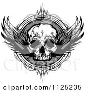 Clipart Of A Grayscale Winged Human Skull Over An Ornate Circle Royalty Free Vector Illustration