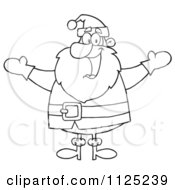 Cartoon Of An Outlined Cheerful Santa Holding Up His Arms Royalty Free Vector Clipart