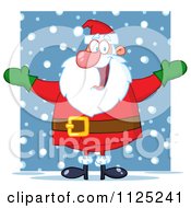 Cartoon Of A Cheerful Santa Holding Up His Arms In The Snow Royalty Free Vector Clipart