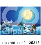 Poster, Art Print Of Christmas Snowman With A Sled And Gifts Near A Cabin Under A Full Moon