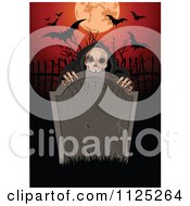 Poster, Art Print Of Creepy Skeleton Behind A Rip Tombstone With A Full Moon And Bats