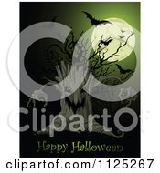 Cartoon Of A Creepy Ent Tree With Bats And A Full Moon Over Happy Halloween Text Royalty Free Vector Clipart by Pushkin