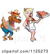 Cartoon Of A Drooling Hillbilly Wolf And Pig Waitress Serving Bbq Ribs Royalty Free Vector Clipart by LaffToon #COLLC1125273-0065