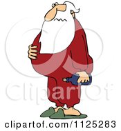 Cartoon Of A Sick Santa Holding His Sour Stomach And Medicine Royalty Free Vector Clipart