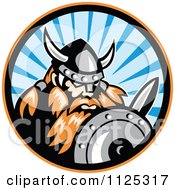 Clipart Of A Retro Raider Barbarian Viking Warrior With A Shield And Sword In A Ray Circle Royalty Free Vector Illustration