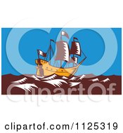 Clipart Of A Woodcut Retro Galleon Ship At Sea Royalty Free Vector Illustration