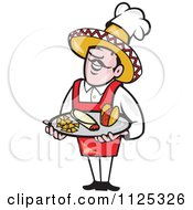 Happy Mexican Chef Carrying A Tray With A Taco Burrito And Tortilla Chips