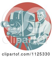 Poster, Art Print Of Retro Camera Man Working Over A Red Circle