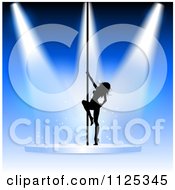 Clipart Of A Silhouetted Pole Dancer Woman Under Spotlights On Blue Royalty Free Vector Illustration