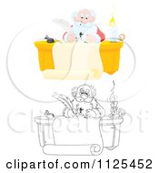 Colored And Outlined Scenes Of Santa Writing With A Messy Ink Quill