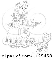 Cartoon Of An Outlined Woman Carrying A Smiley On A Tray Over A Cat Royalty Free Vector Clipart