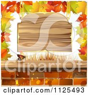 Poster, Art Print Of Autumn Maple Leaves A Butterfly Bricks And Wood Sign