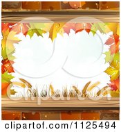 Poster, Art Print Of Background With Autumn Maple Leaves Wheat And Bricks Framing Copyspace