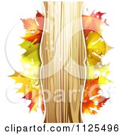 Poster, Art Print Of Background With Autumn Maple Leaves Dew And Vertical Wood Copyspace On White