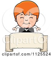 Poster, Art Print Of Happy Red Haired Waiter Boy Over A Banner
