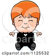 Cartoon Of A Happy Red Haired Waiter Boy Sitting Royalty Free Vector Clipart