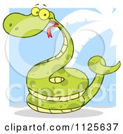 Poster, Art Print Of Happy Coiled Green Snake On A Blue And White Palm Tree Background