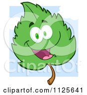 Cartoon Of A Happy Green Leaf Character Against A Sky Royalty Free Vector Clipart
