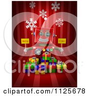 3d Red Robot Holding Merry X Mas Signs Over Gift Boxes On Red With Snowflakes