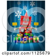 Poster, Art Print Of 3d Red Robot Holding Merry X Mas Signs Over Gift Boxes On Blue With Snowflakes