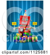 3d Red Robot Holding Happy Bday Signs Over Gift Boxes On Blue Stripes