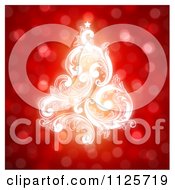 Clipart Of A Magical White Baroque Christmas Tree Over Red Bokeh Lights Royalty Free Vector Illustration