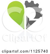 Clipart Of A Green And Gray Organic Heart And Gear Or Flower With A Reflection Royalty Free Vector Illustration