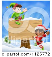 Energetic Christmas Elves By A Wooden Sign In A Winter Landscape