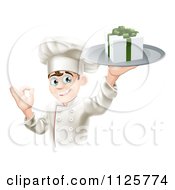 Poster, Art Print Of Happy Chef Holding A Gift On A Platter And Gesturing Okay