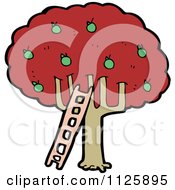Cartoon Of A Ladder And A Green Apple Tree With Red Autumn Foliage Royalty Free Vector Clipart