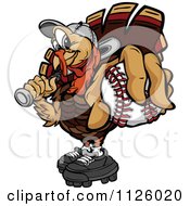 Cartoon Of A Turkey Bird Mascot Holding Out A Baseball Royalty Free Vector Clipart