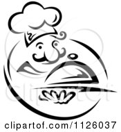 Clipart Of A Black And White Happy Chef With A Cloche Royalty Free Vector Illustration