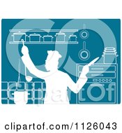 Clipart Of A Teal And White Chef Cooking In A Kitchen 2 Royalty Free Vector Illustration