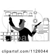 Clipart Of A Black And White Chef Cooking In A Kitchen 2 Royalty Free Vector Illustration
