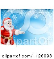 Clipart Of A Christmas Background Of Santa Presenting Over Snowflakes On Blue Royalty Free Vector Illustration