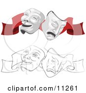 Two Face Masks One Happy And One Sad On A Red Ribbon For A Theater Clipart Illustration