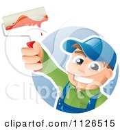 Poster, Art Print Of Happy House Painter Worker Holding Up A Brush