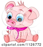 Cartoon Of A Cute Sitting Piglet Wearing A Pink Ribbon With Its Head Tilted To The Left Royalty Free Vector Clipart