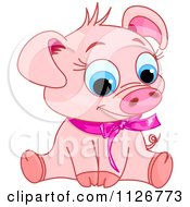 Cartoon Of A Cute Sitting Piglet Wearing A Pink Ribbon With Its Head Tilted To The Right Royalty Free Vector Clipart