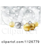 Clipart Of A Silver Bokeh Light Christmas Background With 3d Snowflake Baubles Royalty Free Vector Illustration