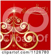 Gold Swirl And Snowflake Tree And Merry Christmas Text On Red