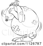 Cartoon Of An Outlined Battered Dog Covered In Bandages Royalty Free Vector Clipart