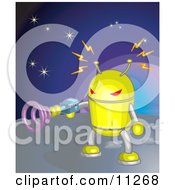 Yellow Robot Shooting A Gun While On A Planet In Space Clipart Illustration by AtStockIllustration